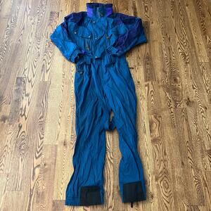 Vintage 90s Nordica Ski Suit Medium 1 Piece Snowsuit Blue Purple Retro Snow Bib
